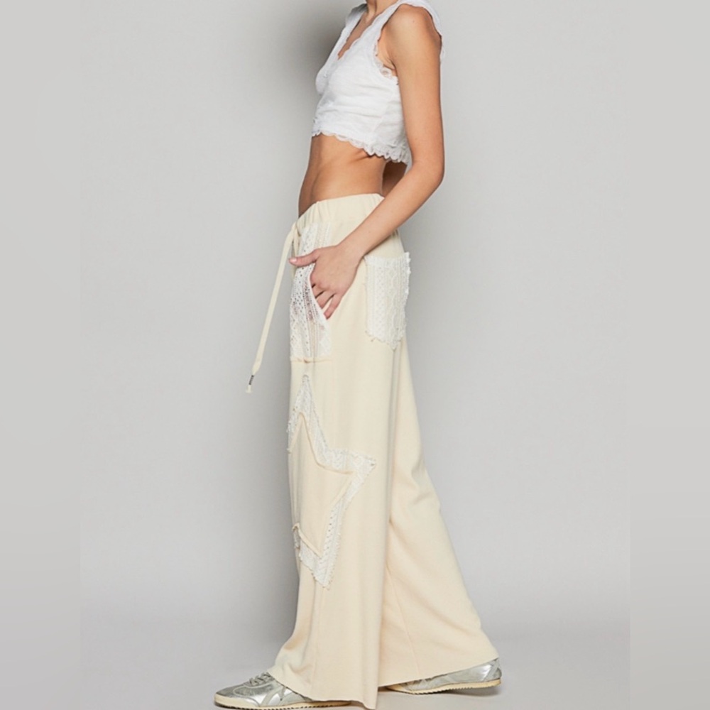 POL Wide Leg Ribbed Pants with Star Patch and Lace Detailing ~ Cream